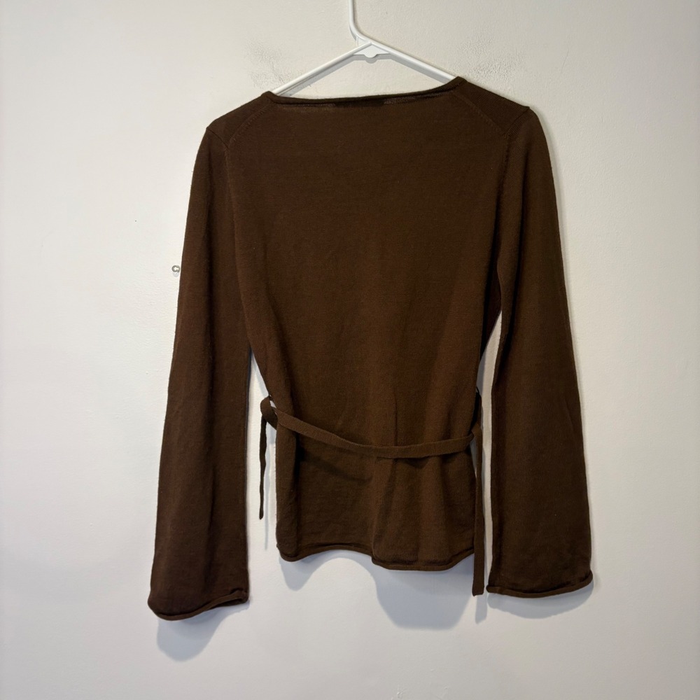 BCBGMAXAZRIA Knit Top Womens Medium Brown V-Neck Belted Wool Blend Bell Sleeve - Picture 7 of 8